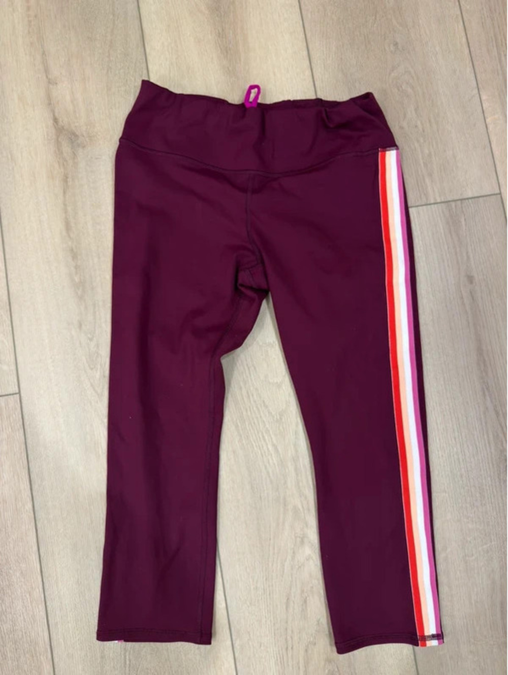 Athleta Burgundy Side Stripe High Rise Crop Leggings Retro Rainbow Stripe